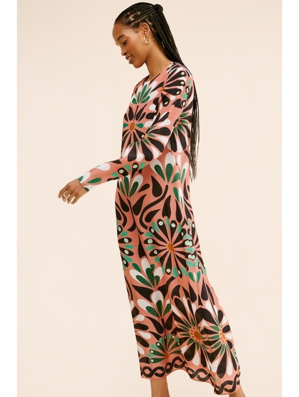 FARM RIO Anthropologie Flowers long sleeve silky Maxi Dress